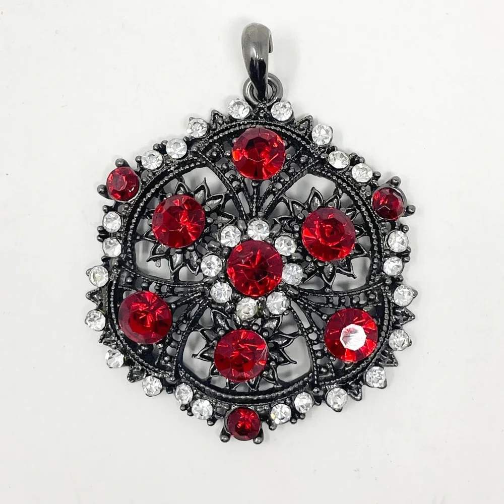 Gunmetal Filigree Pendant Red Clear Rhinestones Gothic Mandala Witchy Dark Fairy